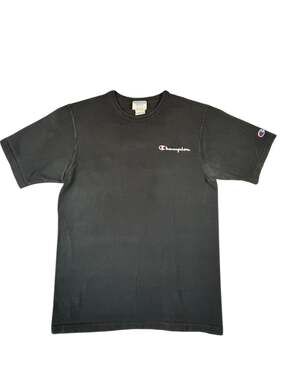 Vintage Champion Black Small Script Logo Cotton T-Shirt Medium